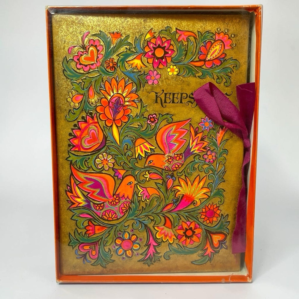 Hallmark Keepsakes Vintage 1973 Psychedelic Accordion File Birds Floral Neon NOS